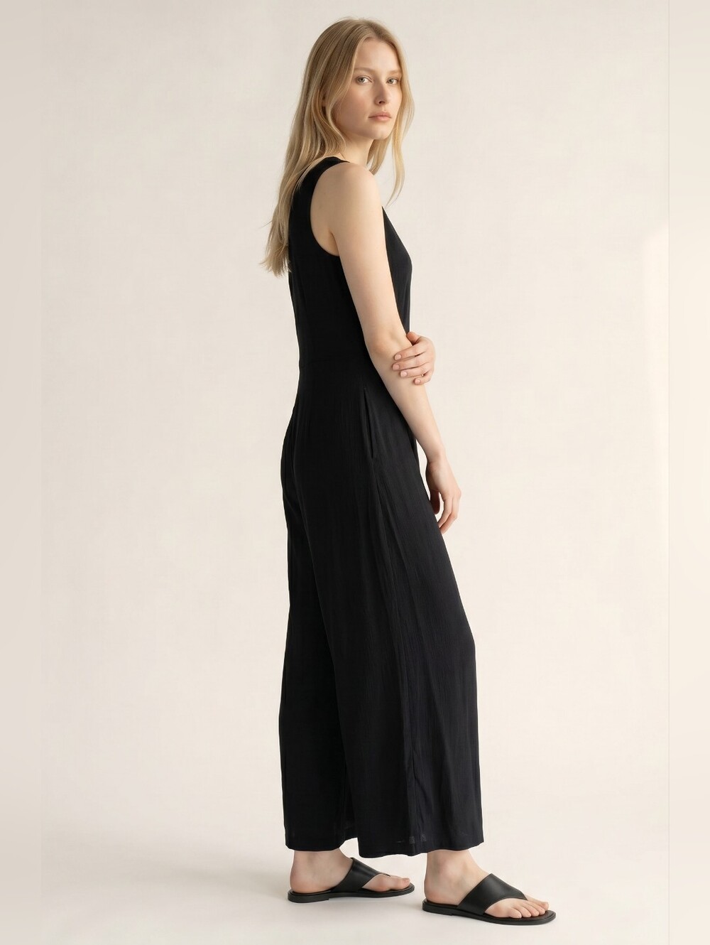Eileen Fisher Black Tencel Lyocell Wide Leg Sleeveless Jumpsuit Pockets Size XXS - Picture 2 of 5